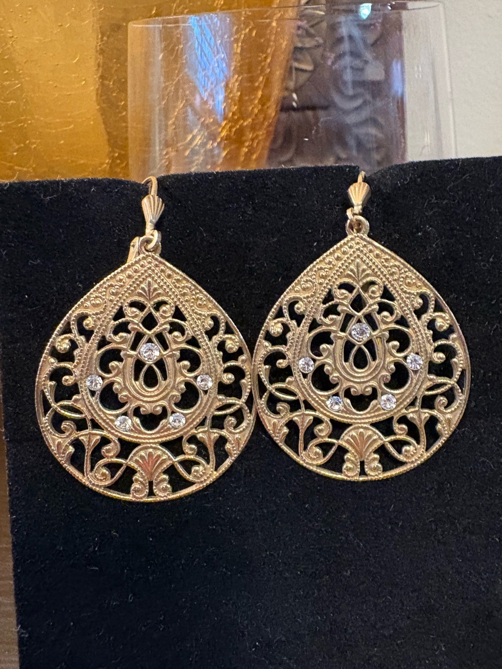 Gold Filigree Teardrop Earrings with Crystal Accents - Women Jewelry